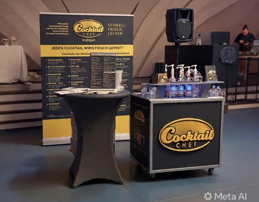 CocktailChef-Bar mit Roll-up und Stehtisch bei einem Event